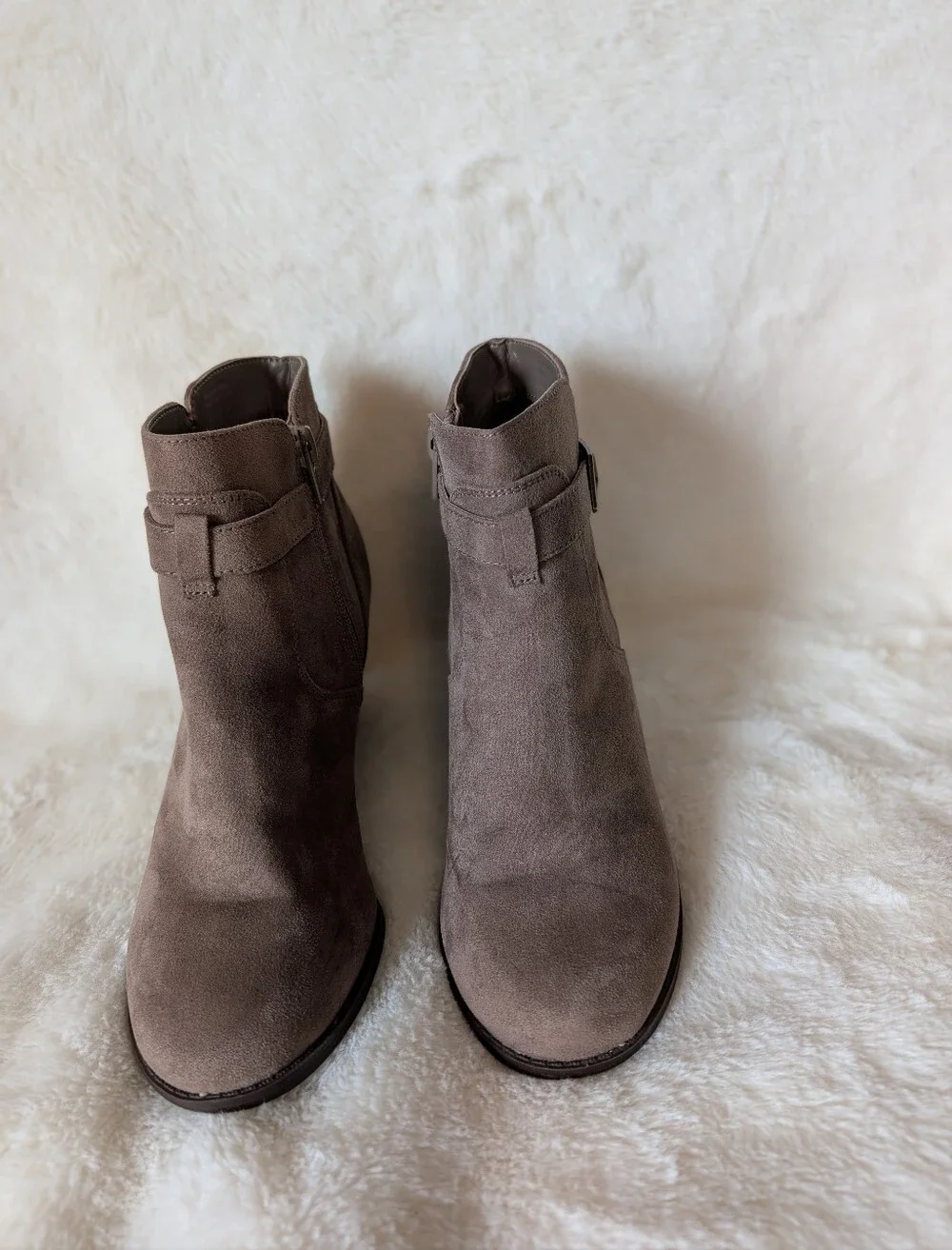 Market & Spruce Taupe Suede Wedge Ankle Booties with Buckle Detail